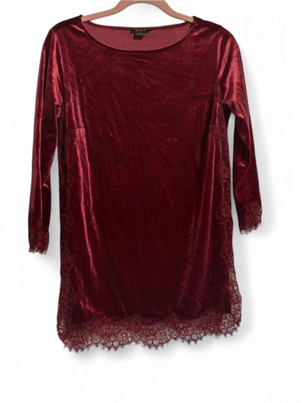 IMAN Burgundy Velvet Lace Trim Dress Size Small
